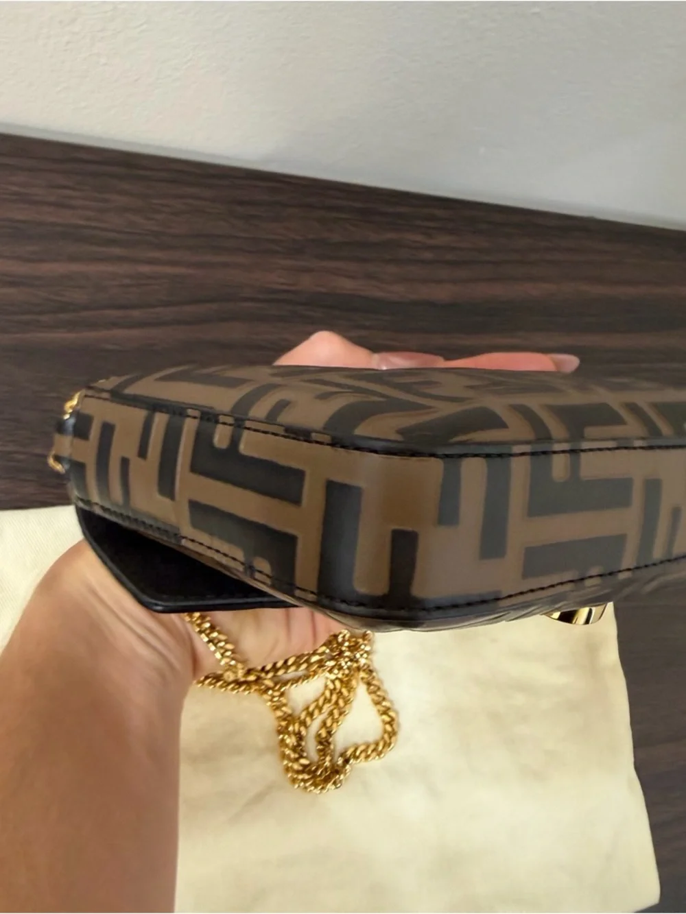 Fendi FF Zucca Wallet on Chain Brown Bicolor Gold Chain WOC 8BS032 - Picture 12 of 14
